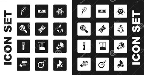 Set Biohazard Symbol Dna Microorganisms Under Magnifier Leaf Leaves