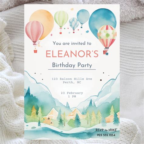 Customizable Hot Air Balloon First Birthday Invite Watercolor Birthday