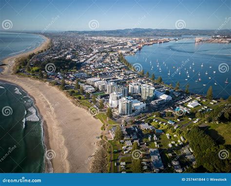 Aerial View of Mount Maunganui with Bay of Plenty and Modern Buildings ...