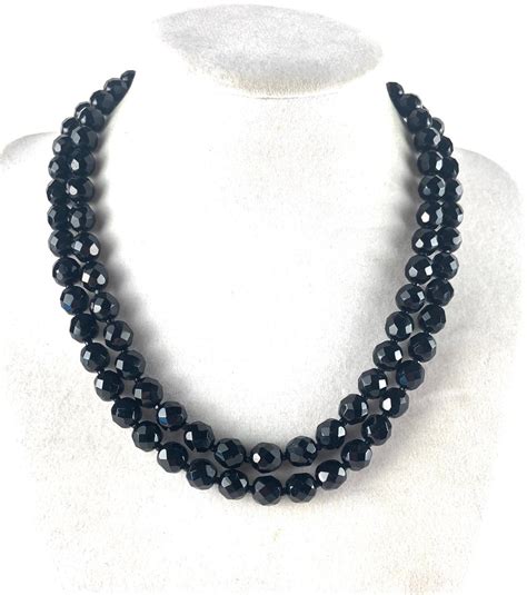 Vintage Black Cut Glass Beaded Necklace 2 Strands Crystal Beads 1950s 1960s Wedding Bridal Black