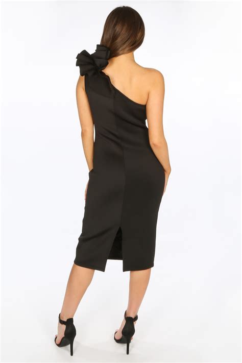 One Shoulder Ruffle Midi Dress In Black Neoprene Dressed In Lucy