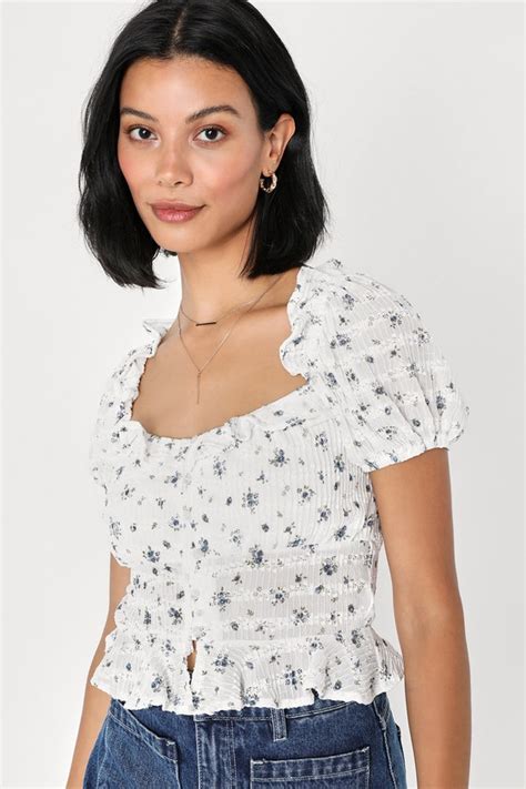 Ivory Floral Top Ruffled Puff Sleeve Top Mesh Floral Top Lulus