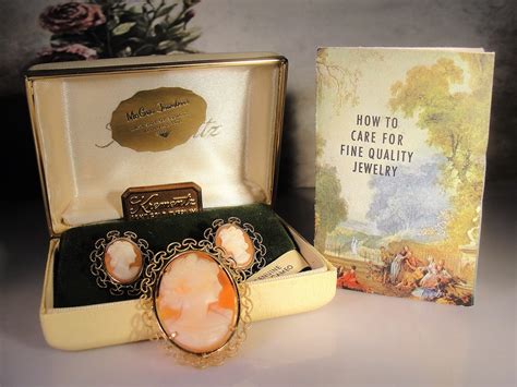 Brooch And Earrings Set Vintage Krementz Genuine Carved Shell Cameo