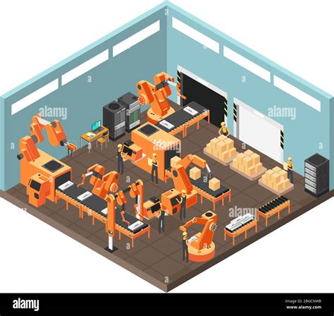 Isometric Factory Workshop With Conveyor Line Workers Electronics And