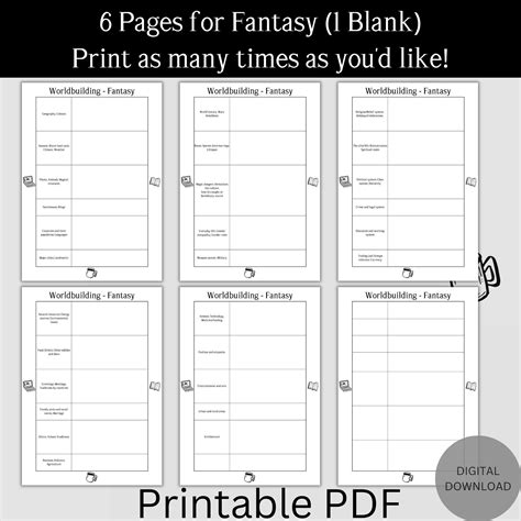 Digital Printable Worldbuilding Workbook Sheets Writers Authors Book