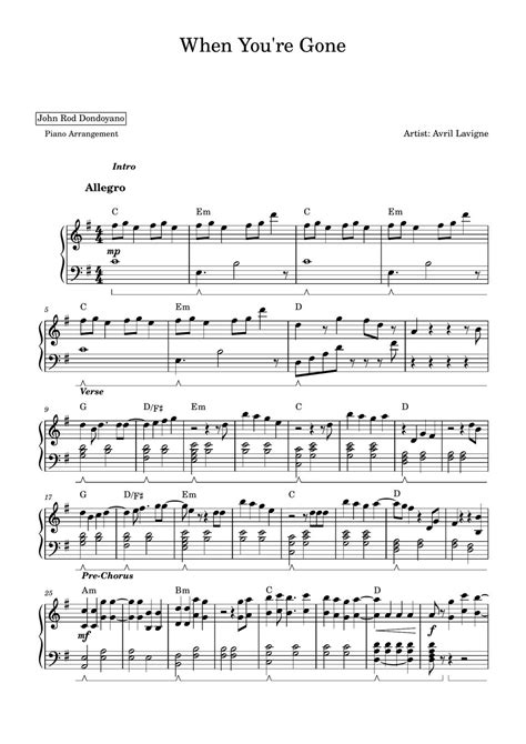 Avril Lavigne When You Re Gone PIANO SHEET Sheets By John Rod Dondoyano