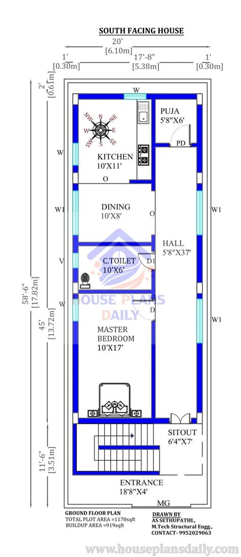 20x58 South Facing House Design As Per Vastu House Plan And Designs