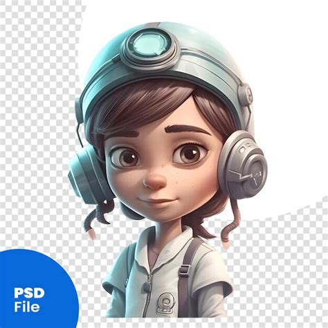 Renderización 3d de una chica astronauta linda con auriculares en un