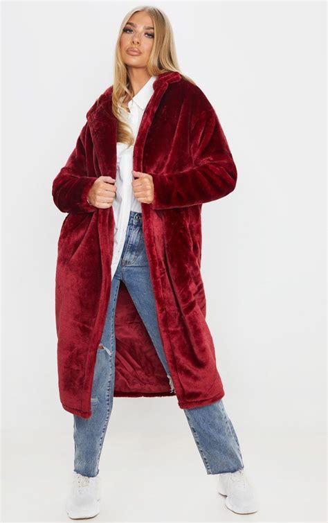 Burgundy Large Lapel Midaxi Faux Fur Coat Burgundy Faux Fur Coat