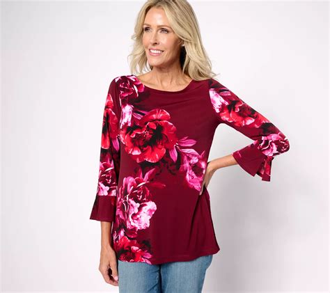 Susan Graver Printed Liquid Knit Bell Sleeve Bateau Neck Top