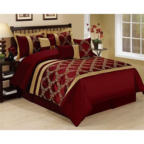 Hig King Size 7 Piece Comforter Set In Burgundy And Gold Faux Silk