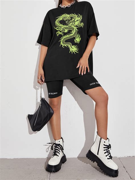 Chinese Dragon Graphic Drop Shoulder Oversized Tee Shein Uk