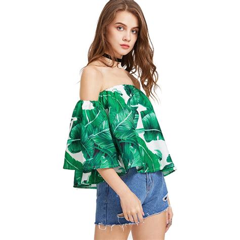 Women Blouses 2018 Tropical Green Palm Leaf Print Sexy Off Shoulder