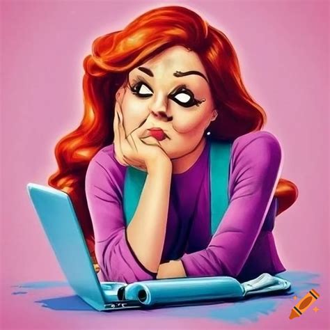 Humorous Book Illustration Of A Sad Woman Using A Laptop In A Whimsical