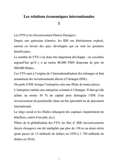 Les relations économiques internationales 1 1 Les relations