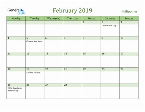 Fillable Holiday Calendar For Philippines February 2019