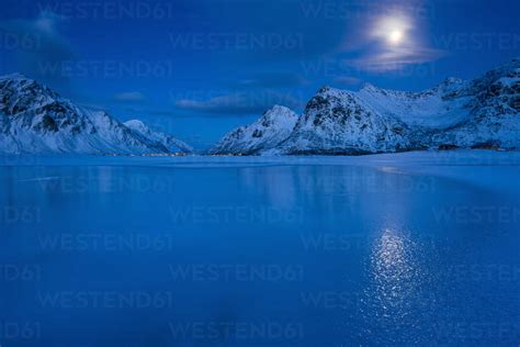 Norway Lofoten Frozen Lake Near Skagsanden Beach By Night Stock Photo