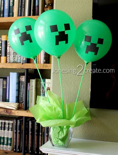 Minecraft Party Decorations With Creeper Balloons And Balloon Sticks Minecraft Birthday