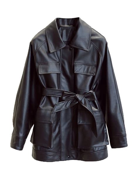 Ly Varey Lin Women Faux Leather Belted Shirt Jacket Lapel Blazer Coat