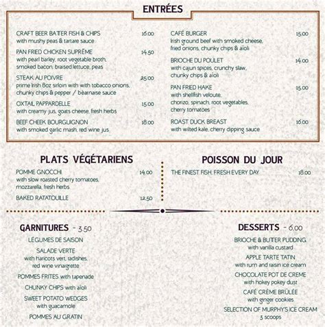 Menu at Café en Seine pub & bar, Dublin