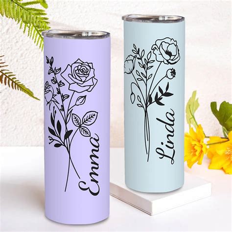 Personalized Birth Flower Tumbler Stainless Steel 20oz Birth Flower Travel Mug With Straw