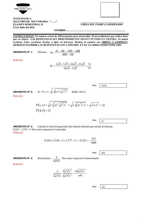 Examen Bimestral Segundo Solucion Pdf