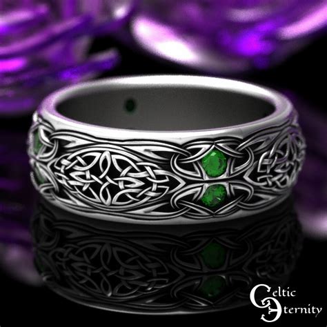 Emerald Knotwork Ring Mens Sterling Silver Wedding Band Emerald