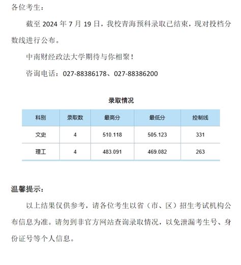 中南财经政法大学2024年本科招生录取分数线（青海预科） —中国教育在线