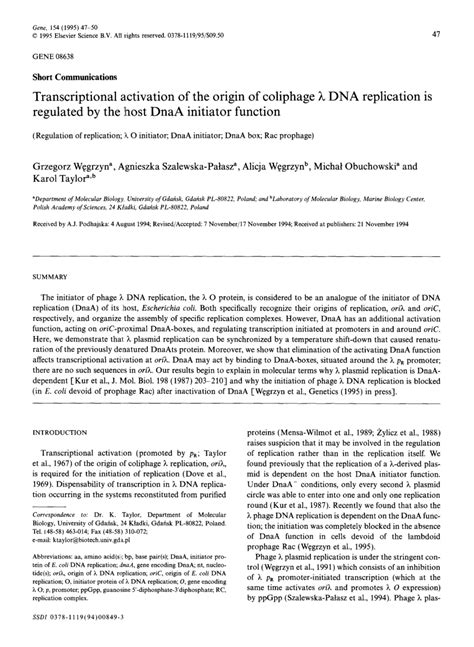 PDF Transcriptional activation of the origin of coliphage λ DNA