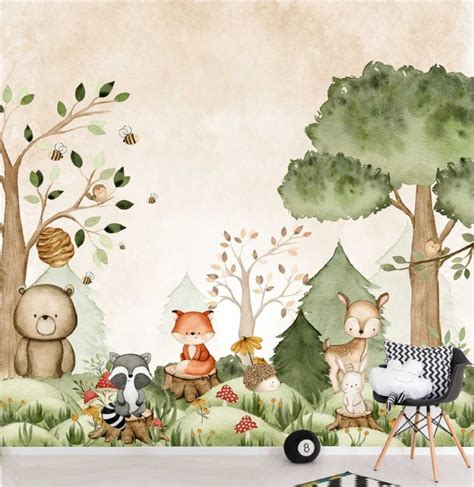 PAPEL PAREDE SAFARI RAPOSA COELHO URSO FLORESTA AQUARELA Arquiprojeto