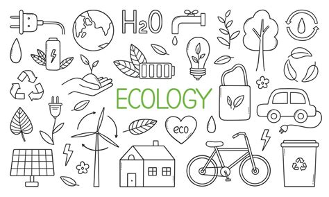 Ecology Doodle Set Green Energy Nature Protection Zero Waste Eco