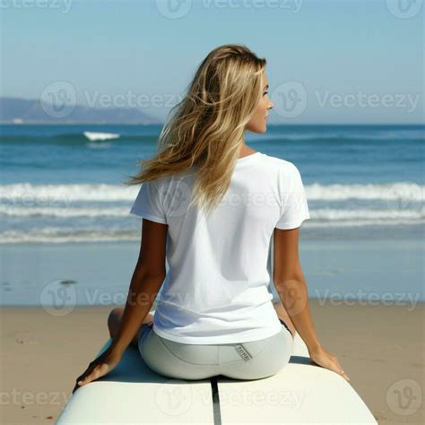 AI generated Girl sit on the surfing board, beach view, blank white t ...