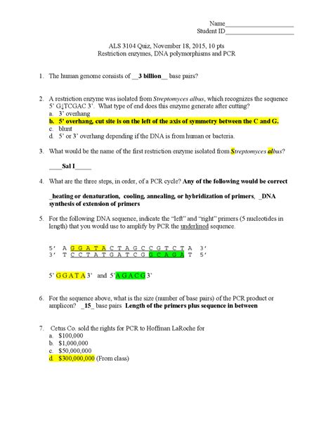 Practice Quiz On Restriction Enzyme Dna Polymorphism And Pcr Als 3104 Docsity