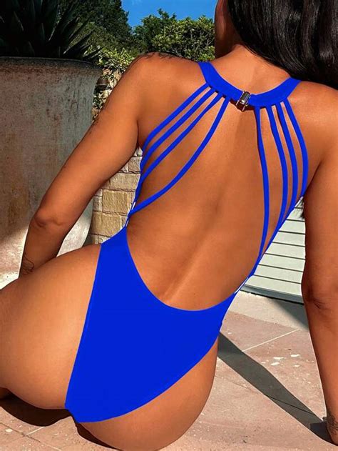 Shein Swim Sxy Solid Backless High Cut One Piece Swimsuit Shein Usa