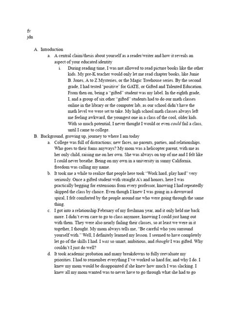 Sidney Deiss Literacy Narrative Outline First Draft Pdf