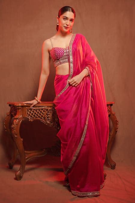 Buy Pink Organza Silk Embroidered Mirror Sweetheart Neck Saree With