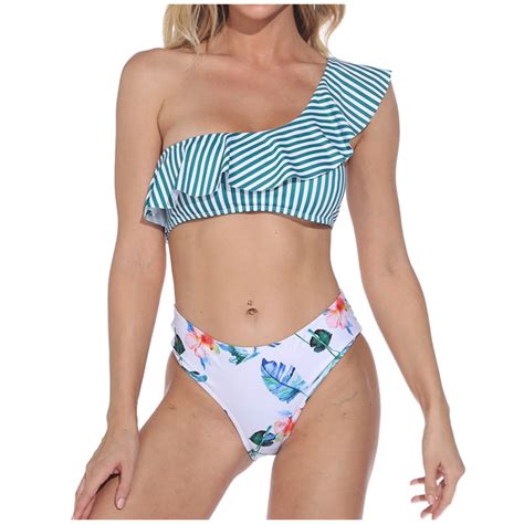 Vsssj Bikini Set For Women One Shoulder Striped Printed Swimsuits