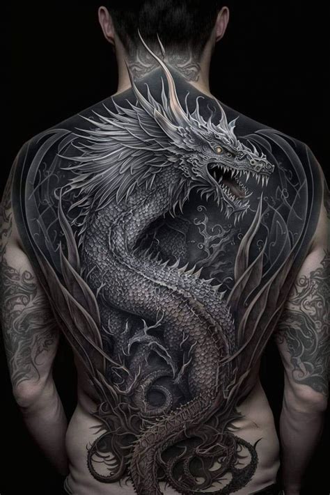 The Back Of A Man With Tattoos On His Body And A Dragon Tattoo On His Chest