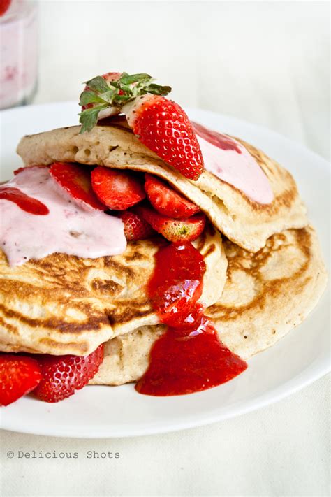 Delicious Shots Pancakes With Strawberry Sauce And Homemade Crème Fraîche