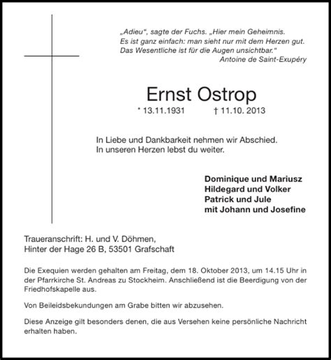 Traueranzeigen Von Ernst Ostrop Aachen Gedenkt