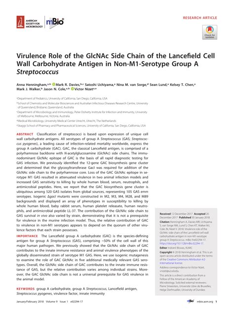 Pdf Virulence Role Of The Glcnac Side Chain Of The Lancefield Cell Wall Carbohydrate Antigen