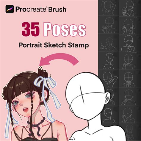 35 Poses Portrait Stamps For Procreate Chibi Procreate Poses Anime