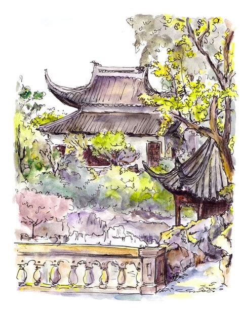 Chinese Garden With Pagoda In Suzhou China Watercolor Stock