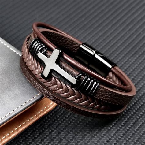 Men Braided Leather Cross Bracelets With Magnetic Clasp Gifts For Him