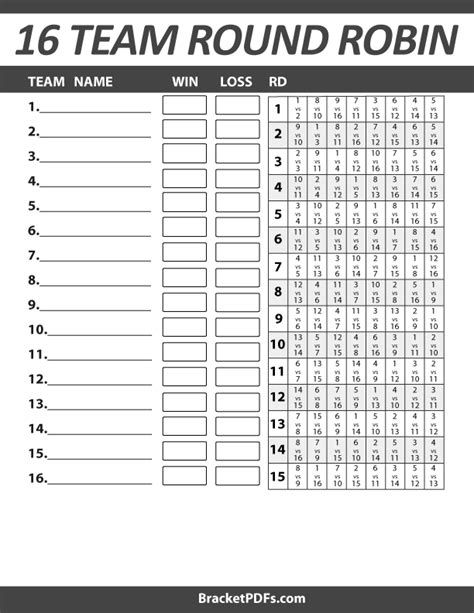 16 Team Round Robin - Printable Schedule