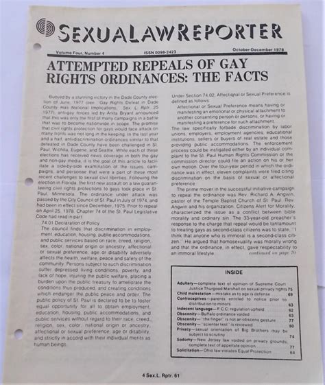 Sexual Law Reporter Volume 4 4 October December 1978 By Coleman Thomas F Publisher And