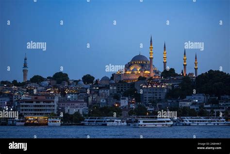 Istanbul Sunset Skyline And Boats In The Golden Horn With The