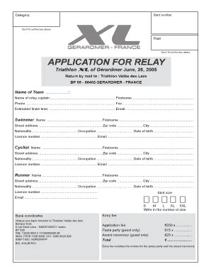 Fillable Online APPLICATION FOR RELAY Triathlon De G Rardmer Fax