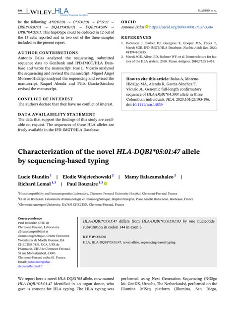 Characterization Of The Novel Hla‐dqb1 05 01 47 Allele By Sequencing‐based Typing Request Pdf