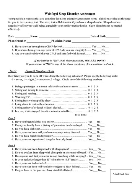 Fillable Online Sleep Apnea Assessment Form Pdf Fax Email Print Pdffiller